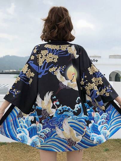 中国风复古可爱学院风仙鹤印花罩衫，和服外套，夏季沙滩比基尼罩衫，防晒外套