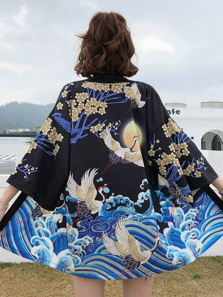 中国风复古可爱学院风仙鹤印花罩衫，和服外套，夏季沙滩比基尼罩衫，防晒外套 春季黑色 - 黑色 - 查看 1