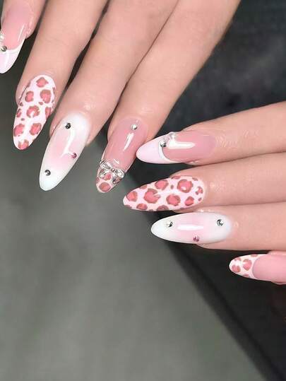 24pcsSweet Pink Leopard Print Bow & Rhinestone Decor Almond Fake Nails