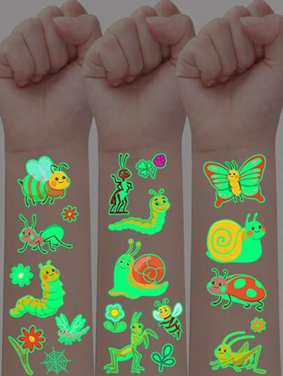 5Sheets Glow-In-The-Dark Temporary Tattoo Stickers Featuring Insect Patterns, With 65 Cute Cartoon Designs Including Ants, Mantises, Butterflies, Bees, And Snails. These Waterproof Fake Tattoos Last For 2-5 Days And Are Perfect For Gifts