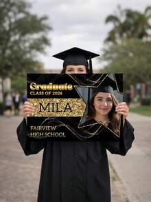 1 pieza Telón de fondo de graduación personalizado de tela, póster impreso con tema negro y dorado, pancarta de graduación con nombre de clase personalizable, fondo de fibra de poliéster, letrero de jardín de graduación dorado brillante, decoraciones para fiesta de graduación - Multicolor - Ver 3