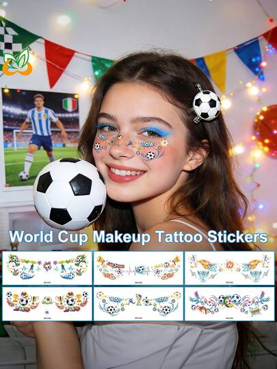10 miếng dán hình xăm tạm thời chủ đề bóng đá, thích hợp cho người hâm mộ World Cup, các sự kiện thể thao, hoạt động câu lạc bộ, v.v. Chống thấm nước và mồ hôi, hình xăm dán mặt tạm thời lâu trôi.