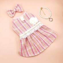 3件套/4件套：新款格子/条纹公主裙、蝴蝶结发箍、珍珠项链，适合春秋季的甜美宠物狗/猫公主裙，粉色宠物公主裙 - 彩色 - 查看 13