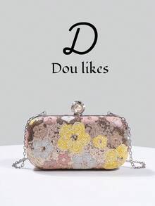 新款亮片晚宴包，花卉亮片设计，优雅订婚手拿包，搭配旗袍，配金属链条，魅力女士派对及婚礼包，完美搭配毕业舞会礼服、亮片连衣裙、闪亮连衣裙、优雅女士连衣裙。 - 香檳色 - 查看 1