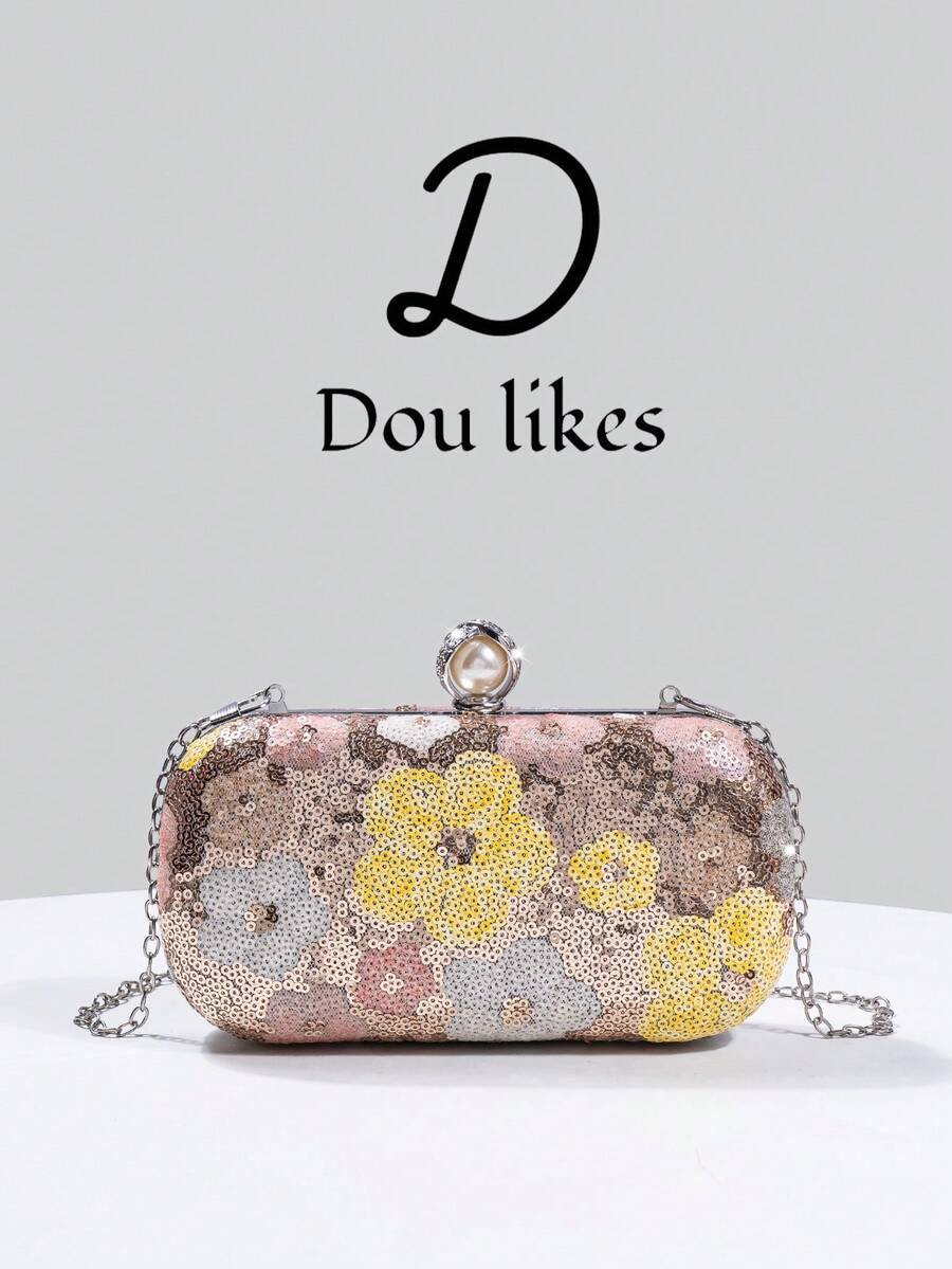 新款亮片晚宴包，花卉亮片设计，优雅订婚手拿包，搭配旗袍，配金属链条，魅力女士派对及婚礼包，完美搭配毕业舞会礼服、亮片连衣裙、闪亮连衣裙、优雅女士连衣裙。 - 香檳色 - 查看 1