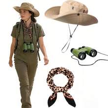 3pcs/Set Women's Wild Animal Park Theme Outfit: Leopard Print Sun Hat, Leopard Print Scarf, Binoculars, Zoo Ranger Costume Accessories, Role Play Props - Multicolor - View 1
