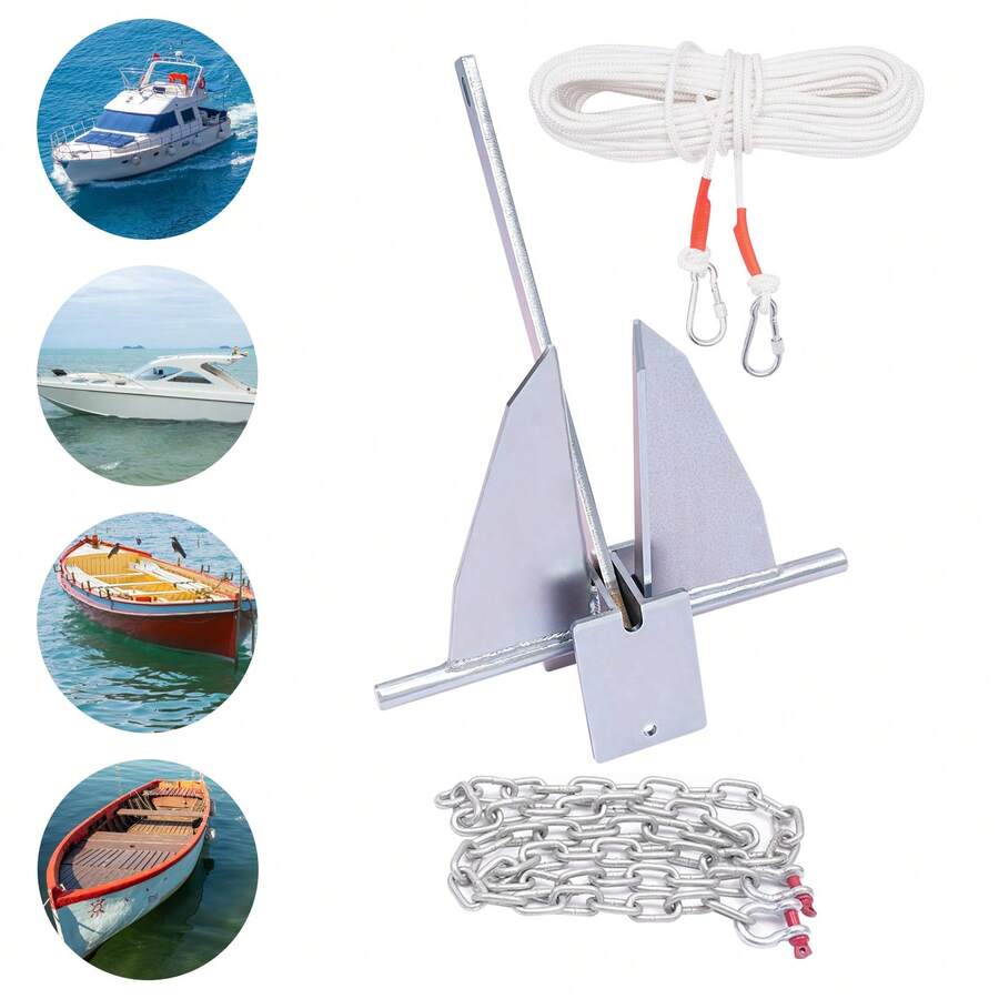 13 Lb Fluke Boat Anchor Kit With 98 Feet Rope 6.6 Feet Chain Galvanized Steel For Small Boats Kayaks Jon Boats - Silver - View 1