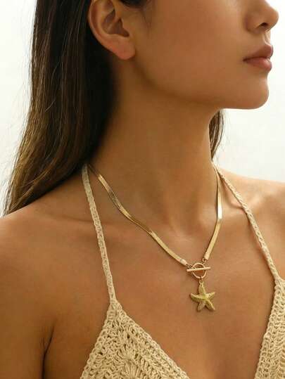1件新款夏季简约蛇骨链海星吊坠项链，欧美优雅时尚海洋度假风海星项链