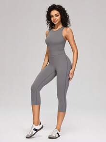 MASKERT Mono de yoga para mujer, mono de entrenamiento de fitness, mono de pilates, mono de danza, mono deportivo casual, mono deportivo sin espalda, mono deportivo de talle alto de tres puntos, mono deportivo sin mangas, mono deportivo para uso diario - Gris Oscuro - Ver 4