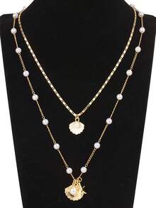 2pcs/Set Fashionable Bohemian Style Faux Shell & Starfish Alloy Pendant Necklace Set, Suitable For Summer Beach, Formal Events, Parties, Daily Wear, Also Great Gift For Mother Or Girlfriend - Gold - View 2