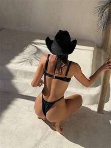 Women 2-Piece Bikini Swimsuits Solid Colors Ruched Bra And Elastic Thong Sets For Summer Beachwear Bathing Suit - 黑色 - 查看 3