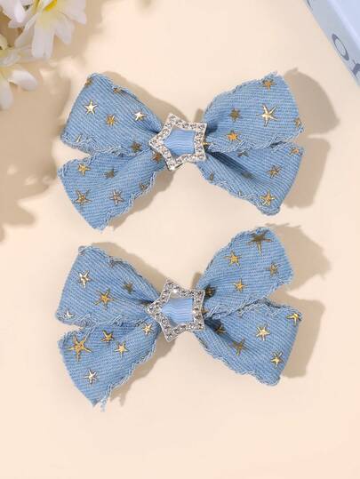 2pcs Blue Grosgrain Fabric Hair Clips,Star & Rhinestone Accessories Hair Bows,Fashion Hair Barrettes For Girls Teens Spring Summer Travel Party Gifts