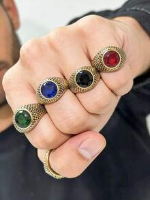 1枚复古风格金色锆石圆点男士戒指，316不锈钢材质，18K真空镀层，防水，防褪色，低过敏性，适合休闲、商务、晚宴等场合佩戴。 - 金色 - 查看 5