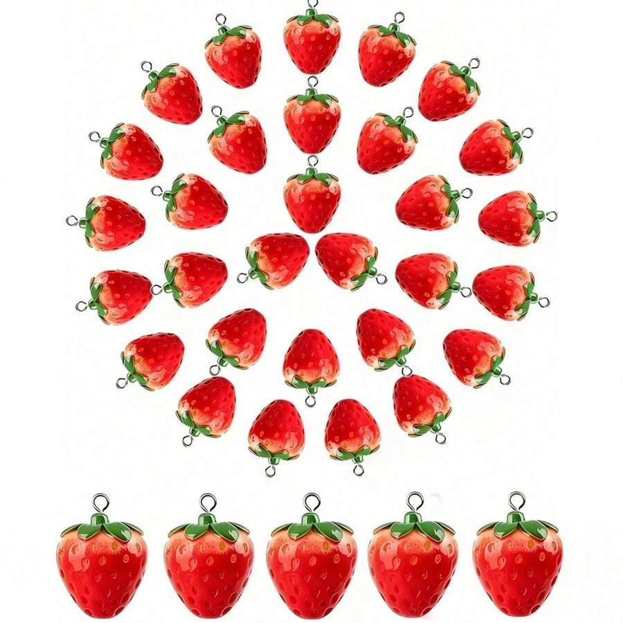 10/20个树脂仿真红色草莓造型吊坠，适用于DIY项链、耳环、钥匙扣、饰品吊坠装饰、珠宝制作配件 - 紅色 - 查看 1