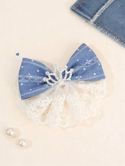 1pc Denim Lace Hair Bows For Girls Elegant Crown Hair Clips Embroidery Mesh Alligator Clips Girls Casual Holiday Wedding Party Headpiece Girls Princess Crown Hair Barrettes Teens Hair Accessories