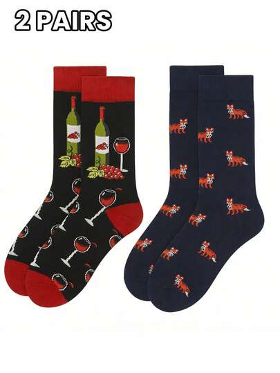 2 Pairs Fox & Wine Themed Mid-Calf Socks, Vintage Pattern, High Elasticity , Eye-Catching Daily Wear Essential, Suitable For Couples & Best Friends