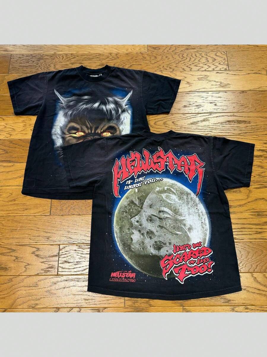 Hellstars Werewolf Moon Scared Of Us Too! Y2K T-Shirt Double Sided Printed (220g 100% Cotton T-Shirt), Summer Clothes, Women's Tops, Casual And Comfortable, Fashionable Graphic Tee, Unisex Style - Black - View 1