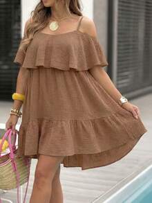 Elegante vestido corto sin mangas con volantes en el bajo, adecuado para usar en verano - Albaricoque - Ver 8