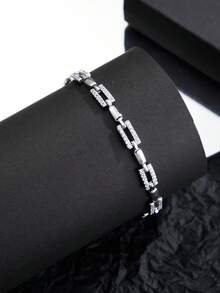 1pc Cubic Zirconia Fully Paved White Gold Plated Luxury Hip Hop Bracelet, Suitable For Daily Wear And Party Gift - Silver - View 1