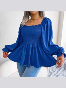 Long-Sleeved Chiffon Blouse With Ruffles And Square Neckline | Casual Style, New Spring/Summer Collection - 藍色 - 查看 2