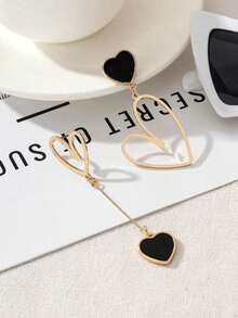 1 Pair Of Chic Asymmetric Metal Heart Pendant Earrings, Gift For Birthday, Anniversary, Date - 黑色 - 查看 3