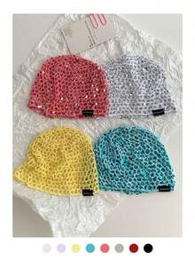 Gorro de punto hecho a mano con lentejuelas, hueco, de estilo retro, versátil, ligero y transpirable para mujer, para primavera y verano - Multicolor - Ver 5