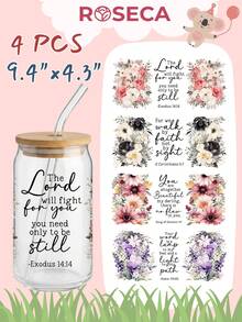 4pcs/Set 16oz Glass Cup Wrap UV DTF Transfer Sticker (9.4x4.3in) No Heat Needed, Spanish English Christian Bible Verse Scripture Faith Quote Design, Floral Butterfly Religious Inspirational Waterproof Self Adhesive Decal, Rub On Sticker For Libbey Can Tumbler DIY Gift For Women - Bible 04 - View 9