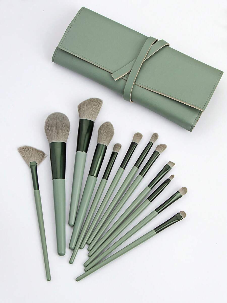 12pcs Green Makeup Brush Set With Brush Holder, Multi-Functional Professional Cosmetic Tools - Green - View 1