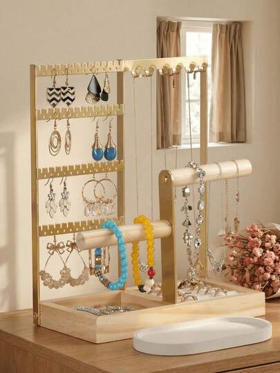 1 pieza Organizador de joyas, Organizador de aretes de 4 niveles con 48 agujeros, Organizador de collares con 6 ganchos, Caja de madera para pulseras y anillos, Regalos del Día de la Madre para mujeres, Artículos geniales y decoración de habitación del Día de San Valentín, Soporte de aretes de hierro rústico con base de madera sólida - Soporte organizador para exhibición de pendientes, Estante de aretes de hierro y madera vintage - Tablero de exhibición elegante para accesorios de oreja, Soporte de aretes de hierro y madera hecho a mano - Vitrina artesanal para aretes colgantes
