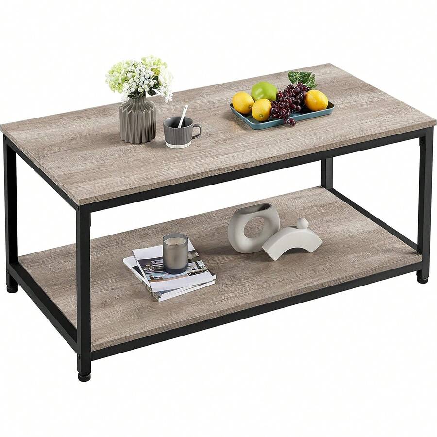 Industrial Coffee Table, Large Side Table With Metal Leg And Storage Shelf, 100x50x45cm - Grey - View 1