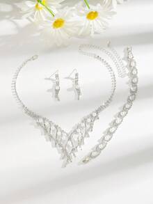 3件套白色水晶水钻镶嵌珍珠项链、手链和流苏耳环套装，适合婚礼、日常佩戴和派对场合。 - 白色 - 查看 6