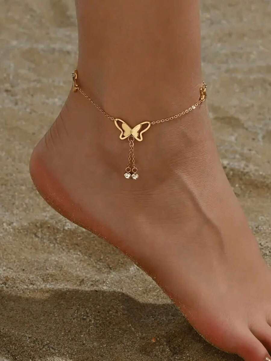 1pc Minimalist Butterfly Rhinestone Anklet, Niche High-End Fashion Jewelry, Suitable For Beach And Commute - Gold - View 1