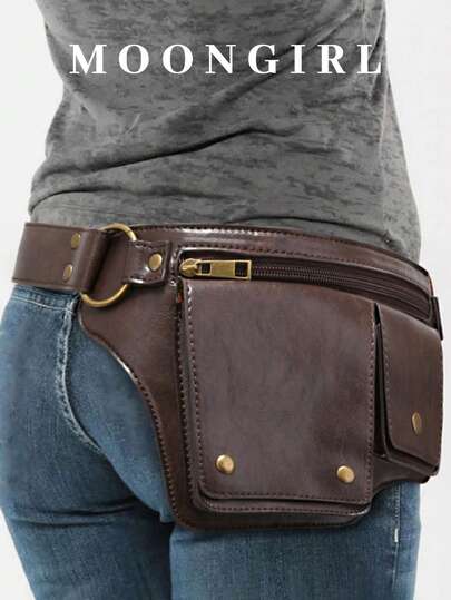 1个复古咖啡色/青铜色耐用油皮腰包，多口袋拉链翻盖设计，欧美复古工装摩托车风格可调节腰包/手机袋，男女通用，适合日常穿着、工作装、音乐节、工装爱好者
