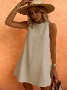 Vestido casual y elegante de cuello redondo sin mangas color caqui para mujer con diseño de estrella de mar, para primavera/verano - Caqui - Ver 3