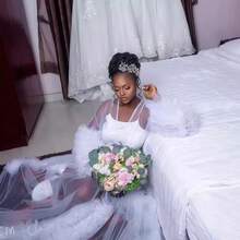 1pc Women's White Mesh Trailing Wedding Dress, Photoshoot Artistic Shawl - Multicolor - View 6