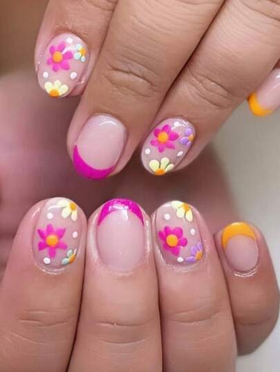 24pcs/Set Square Spring/Summer French Manicure Dual-Tone Floral Short Press-On Nails, Suitable For Hot Girls, Office Ladies, Parties, Dates And Daily Wear