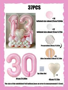 37件套粉色数字柱形气球套装，包含32英寸（81.28厘米）粉色数字铝箔气球、马卡龙粉色和白色乳胶气球，适用于周年纪念、生日装饰、新娘、婚礼装饰、毕业典礼装饰、节日装饰、派对用品 - 粉紅色數字白色球套裝 - 查看 16