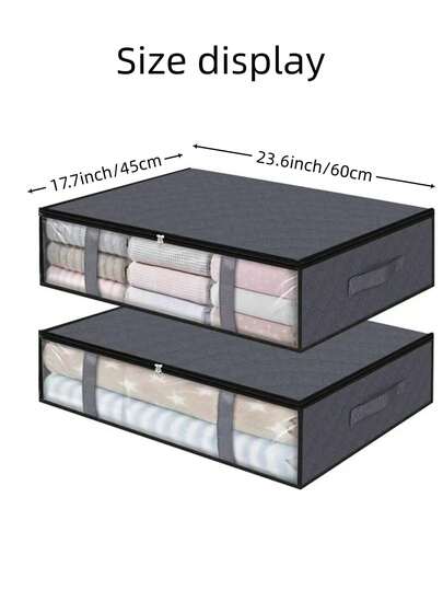1/2pcs Bed Underbed Storage Container, Large Capacity Underbed Storage Bag, Thick Fabric Storage Box With Transparent Window And Handle, Suitable For Blankets, Bedding, Clothes (Grey, Black)