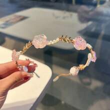 1件玫瑰粉色花朵和仿珍珠装饰波西米亚风发箍，优雅发饰，适合日常、上学、海滩、度假、工作、通勤、派对、母亲节礼物、发夹、发卡、教师节礼物、女士发饰 - 粉色 - 查看 3