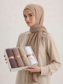 1盒女士针织头巾套装，时尚舒适防紫外线头巾，防滑透气多色组合祈祷头巾，适合节日礼物和日常佩戴（5条头巾+2个头巾夹） - 彩色 - 查看 14