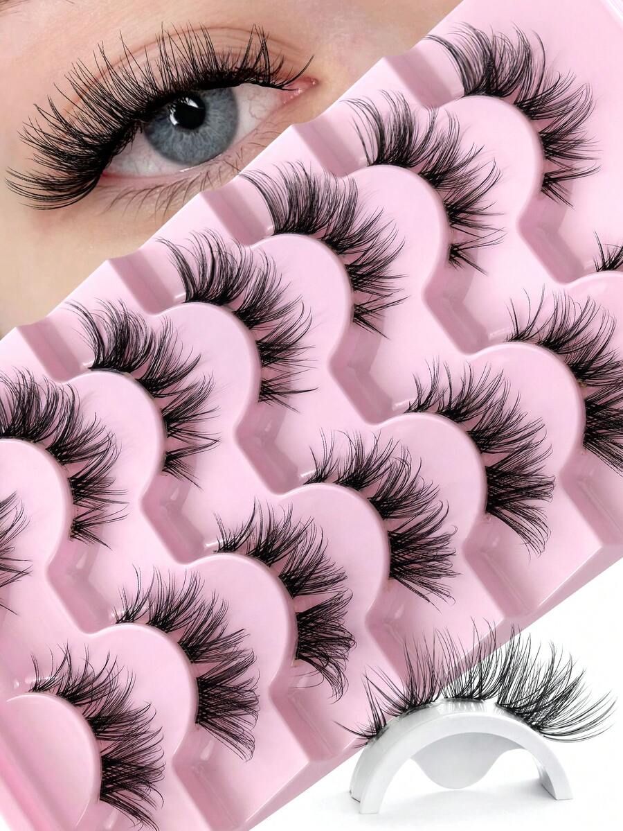 Hinarin 7 Pairs Cat Eye Faux Mink Eyelashes Invisible Strap Eyelashes Cross Style Fluffy Wispy Extended Natural False Eyelashes Easy To Apply For Beginners Reusable Strip Lashes Lashes Eyelashes Fake Lashes - Black - View 1