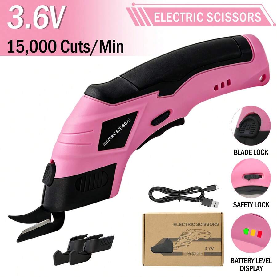 Electric Scissors (With 2 Blades) Efficiently Complete Material Cutting And Are Suitable For Cutting Fabrics, Paper Scraps, Plastics, Etc. - Pink - View 1