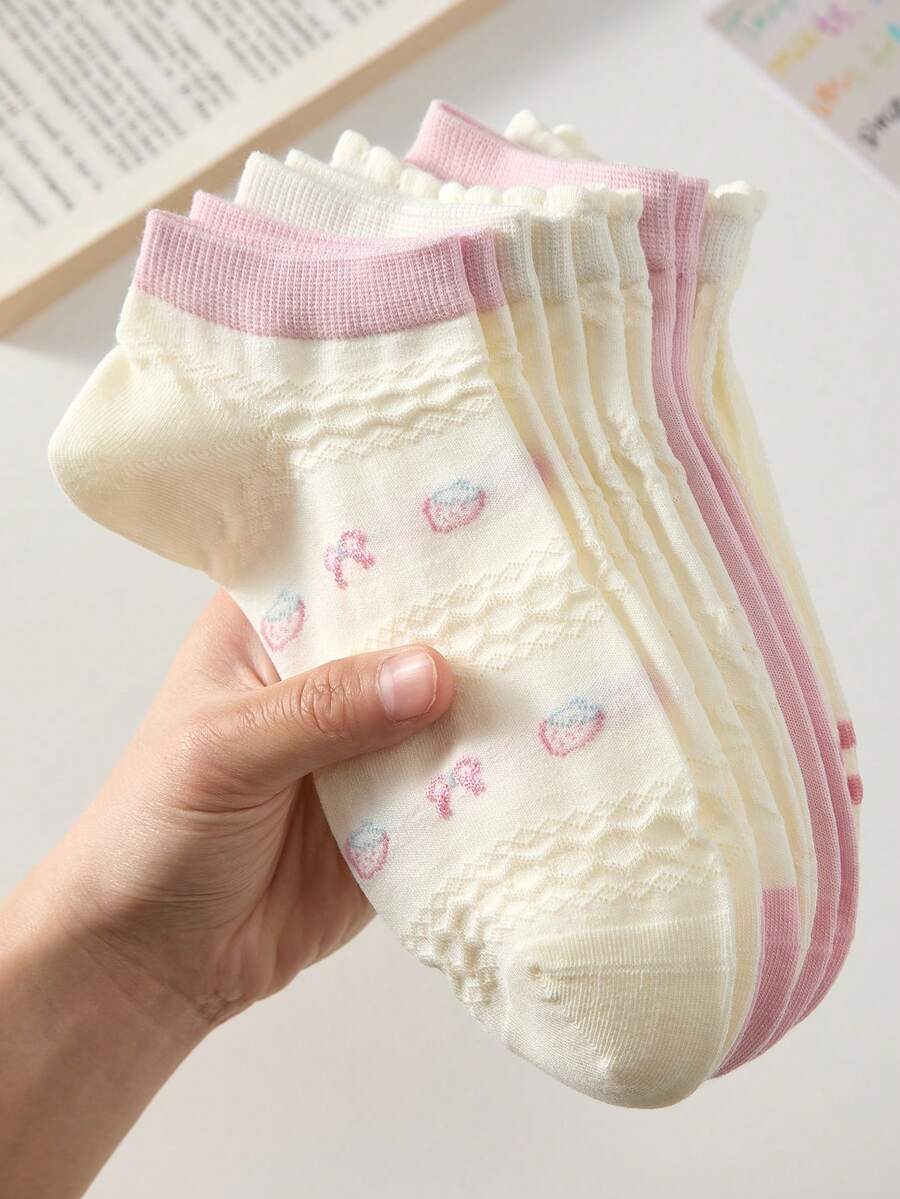 5 Pairs Bow Design White And Pink Cute Ladies' Ankle Socks, Non-Slip Comfortable Breathable, Suitable For Spring And Summer - Pink - View 1