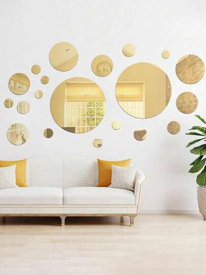 32片金色大小圆形镜面墙贴，亚克力墙面装饰圆形镜面，房间装饰用品，卧室装饰，房间装饰，浴室装饰。