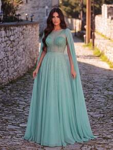 Faeriesty 这款优雅的圆领正式晚礼服，配有披肩和飘逸的A字裙摆，是出席盛大晚宴、奢华婚礼、知名慈善活动和盛大舞会的理想之选。春季派对必备。 - 薄荷綠 - 查看 6