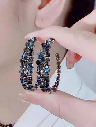 1 Pair European And American Style Rhinestone Hoop Earrings, Fashionable Jewelry Gift For Women, Suitable For Daily Wear