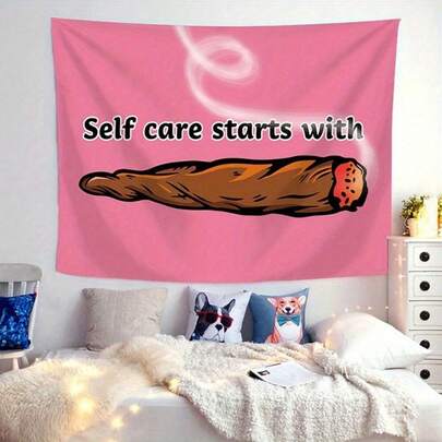 Pink "Self Care Starts With" Tapestry - Whimsical Sleeping Dog Design, Lightweight Polyester Wall Hanging For Living Room, Bedroom, Office, Or Party Decor, Easy To Install With No Electricity Needed,Easter Decor