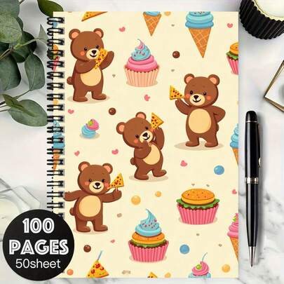 100-stronicowy/50-arkuszowy spiralny notatnik z motywem uroczego misia i pysznego deseru, łączący estetykę z praktycznością. Nadaje się do dokumentacji pracy, notatek z nauki, planowania dnia, pamiętników. To świetny prezent na ukończenie szkoły lub urodziny, który zainspiruje do kreatywnego pisania!