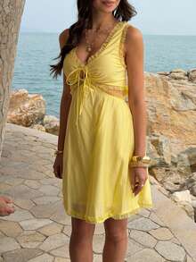 Vestido feminino de cor sólida com babados, decote coração e amarração na cintura, sem mangas, para festas e verão. Elegante e perfeito para o verão. - Amarelo - Ver 6
