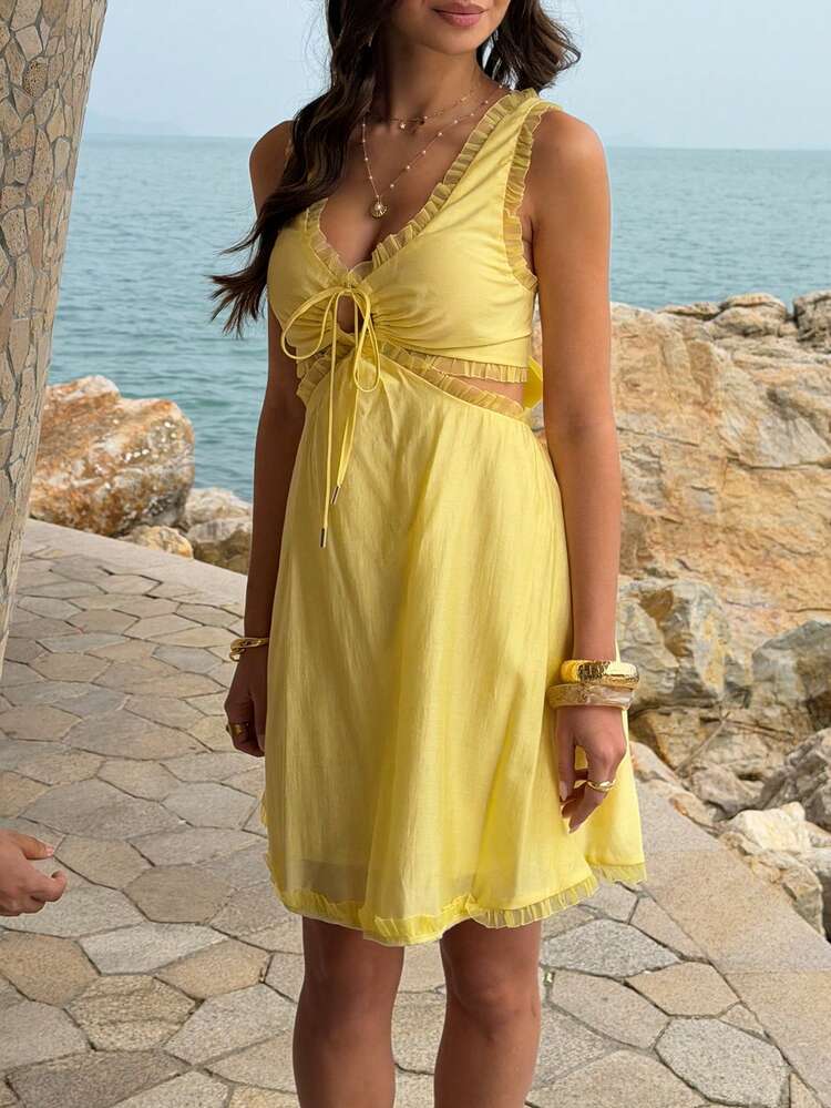 女士纯色荷叶边甜心领系腰无袖连衣裙 - 黃色 - 查看 6